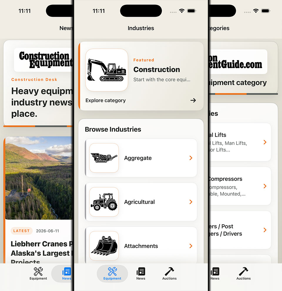 Construction Equipment Guide mobile app screens on three phones